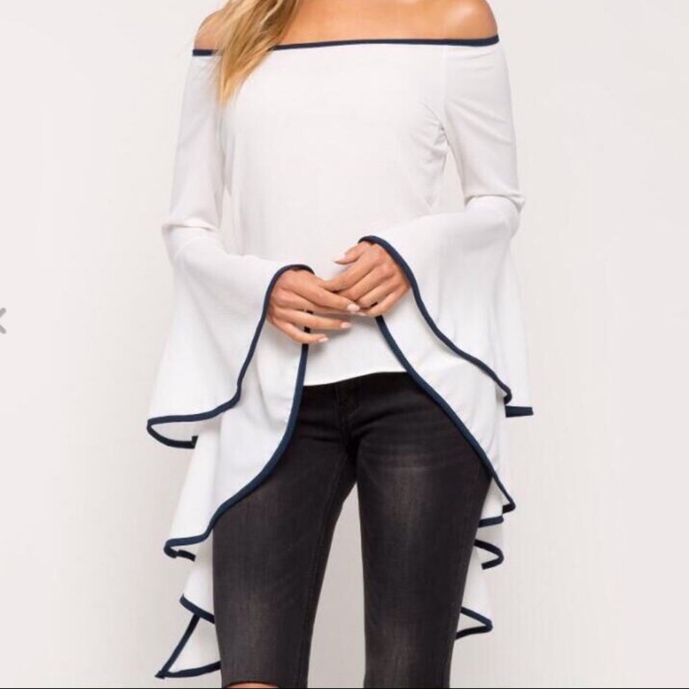 Off-Shoulder White Bell Sleeve Blouse with Navy Trim